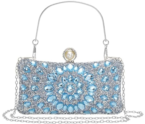 QUARKZMAN Abendtaschen für Frauen, Funkelnde Kristall-Strass Clutch Handtasche mit 2 Kettenriemen für Hochzeit Party Abend Wochenende, Hellblau