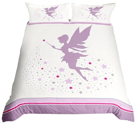 Homewish Fairy Girl Single Duvet Cover Set Lilac Purple and Grey Stars Toddler Bedding Set for Kids Girls Teens, Elegant Fairy Quilt Cover White Violet Bed Sets, Sweet Princess Bedroom Decor