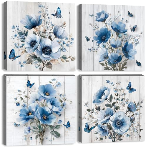 4 Pieces Blue Flower Canvas Wall Art for Bedroom Butterfly Wall Decorations Blue and White Floral Wall Pictures for Living Room Rustic Botanical Prints Wildflowers Paintings Kitchen Home Decor 30x30cm