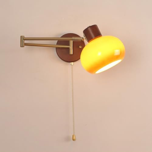 OOWOKS Vintage Wandleuchte mit Schalter, E27 Wandlampe mit Schwenkarm 3000K/4500K/6000K Metall Leselampe mit Orange Glas Lampenschirm Ausziehbar Lange Arm Wandbeleuchtung für Schlafzimmer Wohnzimmer