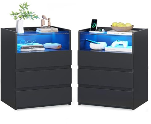 AOGLLATI Nachttisch mit LED-Beleuchtung und Ladestation | Nachtschrank mit Sichtbarer Glastischplatte,3 Schubladen & 1 Fach,Beistelltisch Modern Sofatisch Couchtisch(2, Schwarz)