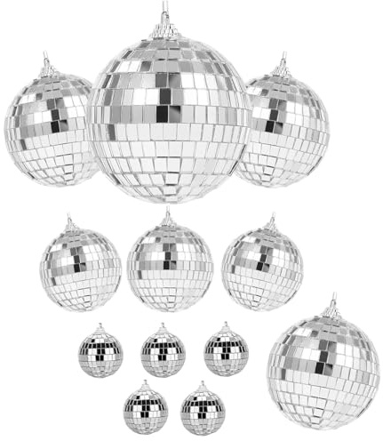 LIULINY 12 Stuck Discokugel Deko, Silber Hängekugel Discokugel Klein | Disco Spiegel Ball, 4 Größen 2.3cm 4cm 6cm 8cm Disco Spiegelball für Weihnachtsbaum Hochzeit Home Party Geburtstagsfeier