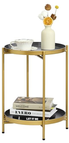 Mordchil EU 2-Tier Round End Side Table, Small Metal Side Table with Removable Tray, Folding Accent Tables for Living Room, Balcony, Nightstand for Bedroom, Outdoor Tables for Patio, Gold&Grey