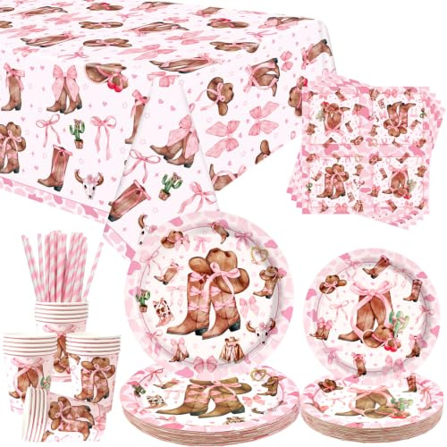 Décoration de fête de cowgirl - Vaisselle de fête rose - Assiettes à desserts, assiettes, tasses, serviettes, nappes, pailles pour bottes et nœuds - Fournitures de fête de cowgirl occidentale, pour 20