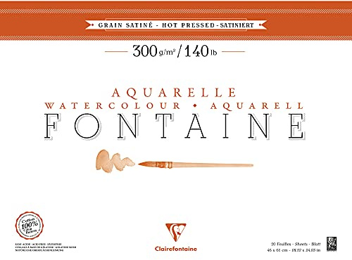 Clairefontaine - Ref 96347C - Fontaine Hot Pressed Watercolour Glued Pad (20 Sheets) - 46 x 61cm Size, 300gsm Paper - Suitable for Watercolour Artwork