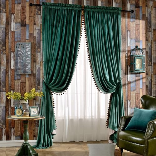 Melodieux Luxuriöse Samtvorhänge für Wohnzimmer, Schlafzimmer, Vintage-Stil, lichtblockierende Stangentasche, Fensterdekoration, Vorhänge, 132 x 244 cm, Antikgrün (2 Stoffbahnen)