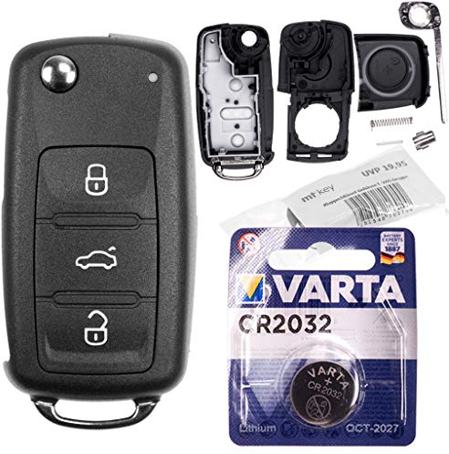 Juego de reparación de llaves de coche con 3 botones + llave en blanco + batería compatible con VW Golf UP Polo T5 Caddy Tiguan Beetle EOS Jetta