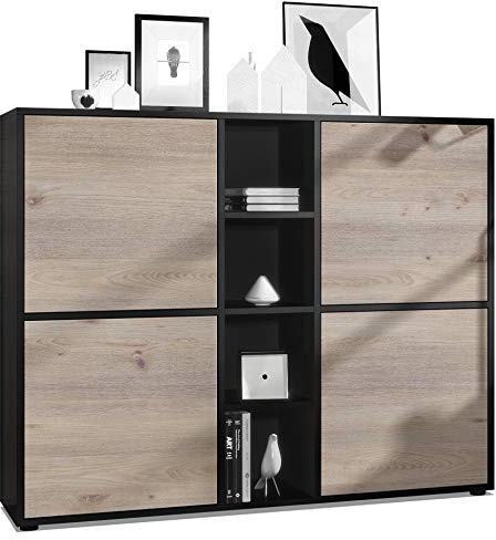 Vladon Highboard Cuba V3, Made in Germany, Schwarz matt/Eiche Nordic - Moderne Anrichte mit 12 Fächern (130,5 x 105,5 x 35,5 cm)