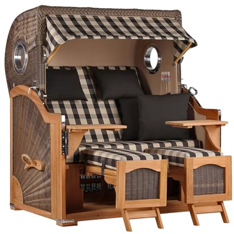 MR. DEKO® Strandkorb Düne Grande XL 2,5-Sitzer Teak | PE Geflecht Grey - Dessin 505 | Volllieger Strandstuhl mit Bullauge inkl. 2 Fußablagen | je 2 Kissen und Nackenkissen | Strandkörbe aus Teakholz