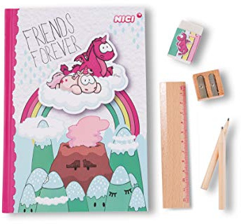 NICI 45704 Schreibwarenset mit Hardcover-Notizbuch, Lineal, Radiergummi, Spitzer und Bleistift