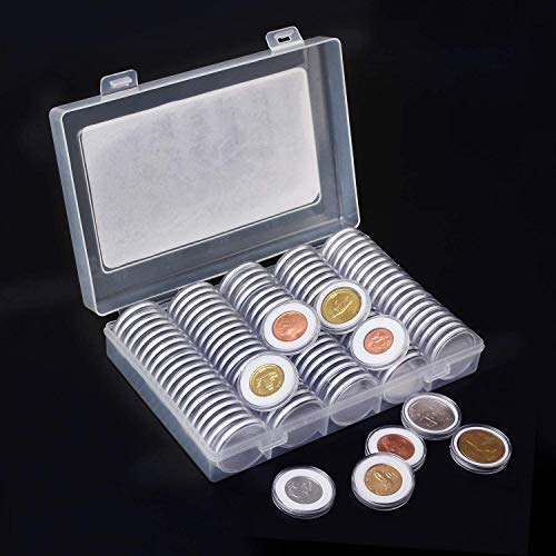 Hossom Capsules de Monnaie, Capsules de Pièces de Monnaie, Lot de 100 Capsules pour Pièces, Plastique Collection Monnaie avec Joint de Protection en EVA avec Boîte de Rangement (17/20/25/27/30mm)