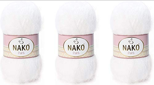 NAKO Strickgarn, Häkelgarn, Acryl für Schals, Hüte, Schal - 3 Knäuel (Kugel) 40% hochwertiges Acryl - 60% Polyamid je Knäuel / Knäuel 100g (208-Weiß)
