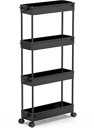 SPACEKEEPER Küchenwagen mit 4 Ebenen, Schmale Rollwagen Nischenregal auf Rollen, platzsparendes Badregal und Küchenregal für Küche Büro Bad, 40x13x86 cm, Schwarz