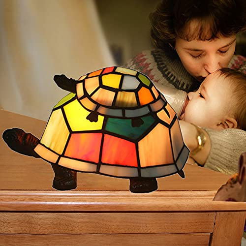 BOTOWI Tiffany-Lampe, Tiffany-Art-Mutter- und Kinderschildkröten-Tischlampe, Buntglas-Composite-Akzentlampe Nachtlicht, E12 / 14, Mehrfarbig