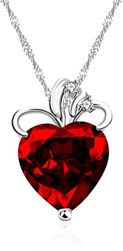 Uloveido Platinum Plated Heart Cubic Zirconia Solitaire Pendant Necklace Crystal Red Heart Necklace Mother's Gift N437 (Red)