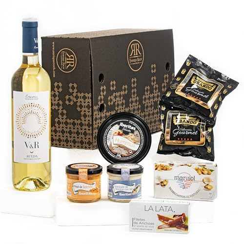 ENRIQUE RECH - Cesta Regalo Gourmet - Vino Blanco Verdejo V&R - Paté Brandada de Bacalao - Paté de Salmón – Hummus de Garbanzo – Berberechitos Marisol - Anchoas y Picos Artesanos