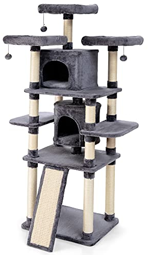 COSTWAY 170cm Katzen Kratzbaum Kletterbaum Katzenkratzbaum Katzenbaum Spielbaum Kratzmöbel Kratzstämme Höhle mit Spielbälle, 2 Höhlen 60x50x170cm