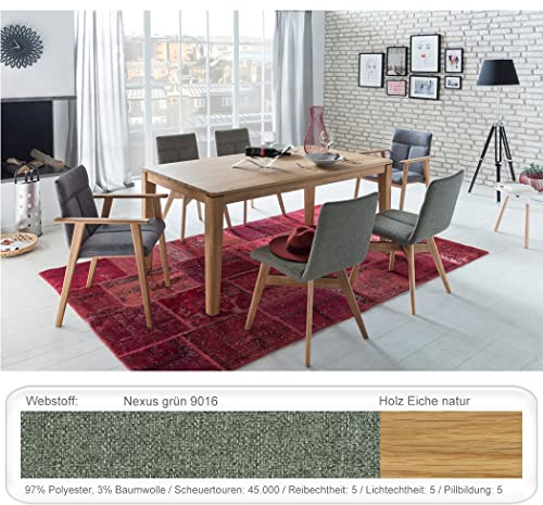 expendio Tischgruppe Ausziehtisch Horand 140(190) x90 cm Eiche Natur massiv + 6X Stuhl Aranel Bezug Webstoff Varianten, Bezugstoff:Nexus Gruen