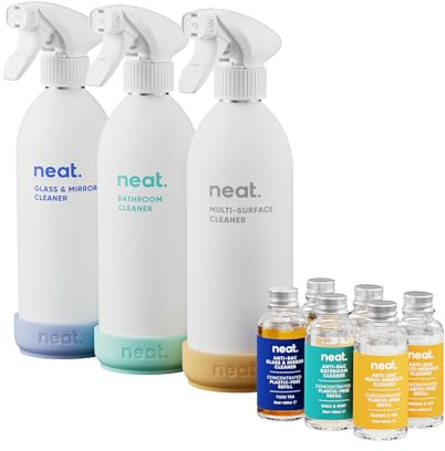 Neat Antibacterial Refill Bundle with Multi-Surface, Bathroom & Glass Cleaner | 3 Refillable Aluminium Spray Bottles and 6 Concentrated Plastic-Free Refills | Eco Cleaning