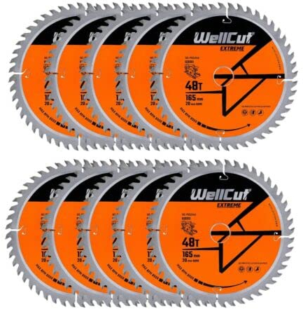 WellCut TCT Saw Blade, Plunge Saw Blade, Circular Saw Blade, Angle Grinder 165mm x 48T x 20mm Bore Pack of 10