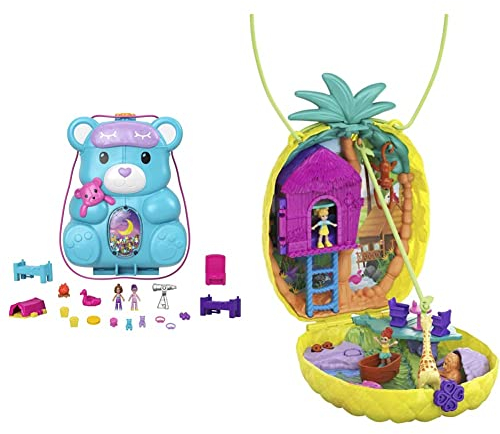 Polly Pocket HGC39 - Teddy Bär Handtaschen-Spielset, Übernachtungsthema mit 2 Micro Puppen und 16 Accessoires & GKJ64 - Ananas-Taschen-Schatulle, tragbar, mit 8 lustigen Funktionen