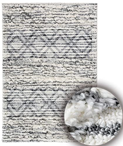 Mynes Home Shaggy Teppich Hochflor Creme Grau Weiss / 200x290 cm/Boho Ethno Muster / 3D Vintage Struktur/weich und strapazierfähig