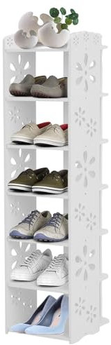 Youyijia 7 Tier Shoe Rack Small Shoe Storage Organizer 96.5 * 25 * 24cm Tall Narrow Shoe Shelf Space Saving Hollow Carved Shoe Display Holder for Entryway Hallway Home Bedroom White