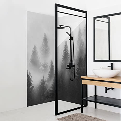 Bilderwelten Eck-Duschrückwand Folie 2x 200x80 cm Nadelwald im Nebel Schwarz Weiß Bad-Rückwand Motiv fugenlose Wandverkleidung Dusche