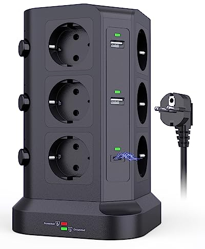 KOOSLA Steckdosenleiste mit 2 Ports [20 W USB C] Überspannungsschutz, Mehrfachsteckdose mit USB C, unterstützt QC/PD3.0 und 4 USB A, 12 Steckdosen mit 3 Schaltern für Büro und Zuhause, 2 m, Schwarz