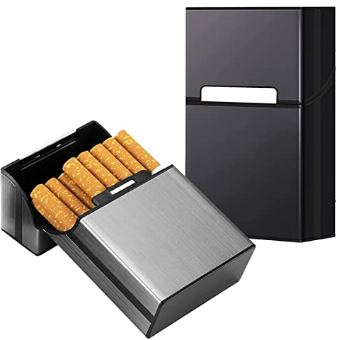 LiRiQi Étui à Cigarettes, 2 Pcs Boite a Cigarettes Homme Porte Cigarette Femme en Aluminium, Etui Paquet Cigarette, Paquet de Cigarettes Fermeture Aimantée pour 20 cigarettes (Gris + Noir)
