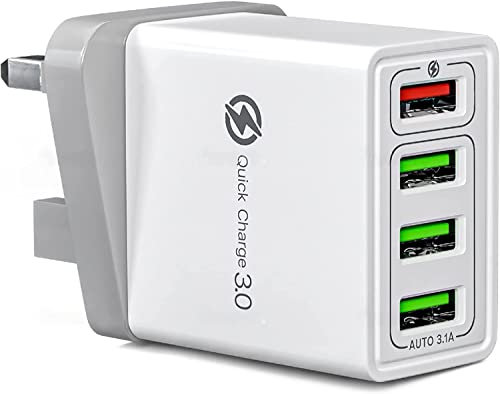 Fast Charger Plug USB Charger – Ultra Fast 4 Port Multi USB Plug Adaptor UK – 33W Quick Charge 3.0 Wall Charger Adapter Plug UK – Phone Charger Plug Fast Charging for iPhone, Samsung, iPad and more