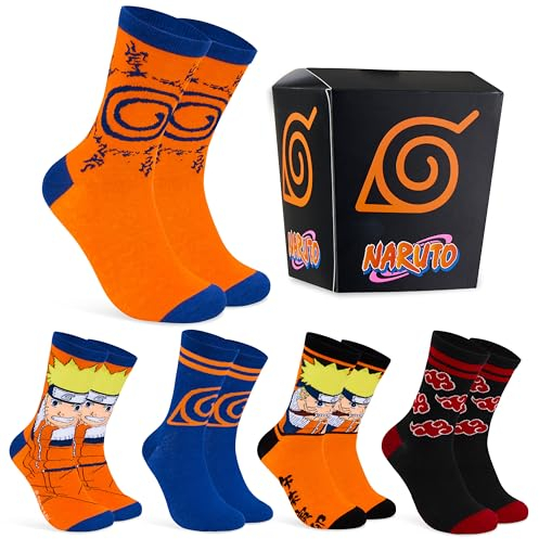 Naruto Lustige Socken für Männer & Teenager 5er Pack - Gr. 40-46, Anime Baumwollsocken mit Spaßmotiven
