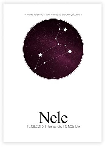 Personalisiertes Bild „Sternzeichen” mit Geburtsdaten, zur Geburt, Horoskop, Baby, zur Taufe, Kinderzimmer, Deko verschiedenen Farben, mit und ohne Bilderrahmen (Magenta)