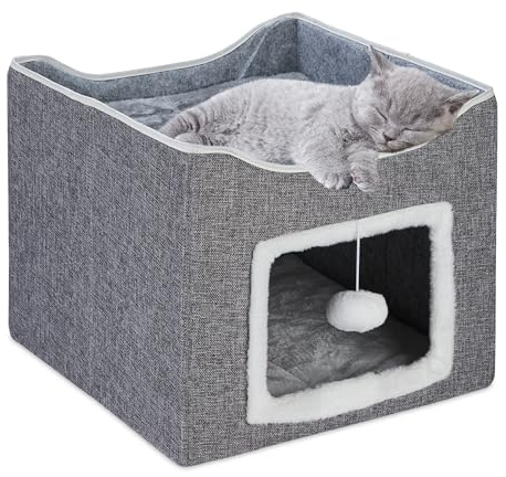 Relaxdays Katzenhöhle, HxBxT: 32 x 40 x 40 cm, Kratzfläche, Katzenspielzeug, 2 Katzenkissen, faltbares Katzenhaus, grau