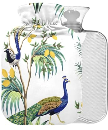Wärmflaschen mit Bezug, Pfau, BAP-frei, 2 l, groß, Warmwasserbeutel für Kinder, Männer, Frauen, Schmerzlinderung