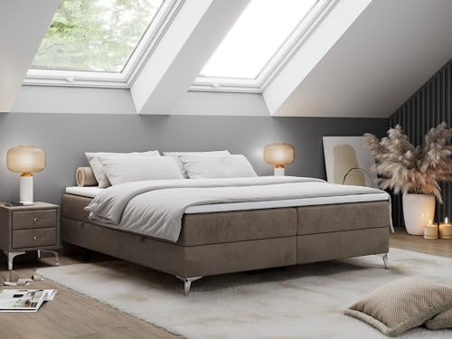 MKS MEBLE Boxspringbett Less 200x200 cm, Bett mit Bettkasten, Multipocket Matratze H3 7-Zonen, Topper T25, minimalistisches Doppelbett – Braun Velvet