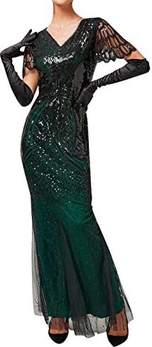 Charleston Kleid Damen Kostüm Lang Karneval Eng Pailettenkleider Eng Party Silvester Abendkleider 20er Jahre Kleid Glitzer mit Fransen Sexy ohne Ärmeln V Ausschnitt Glitzerkleid Party Kleider