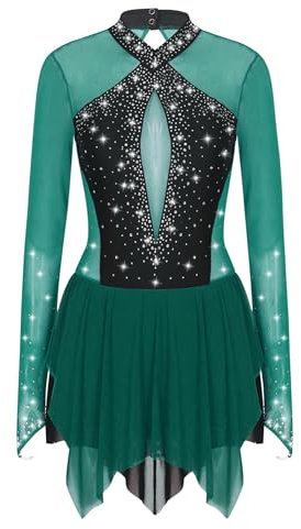 iEFiEL Glitzer Eiskunstlauf Kleid Damen Langarm Kürkleid Strasssteine Rollkunstlaufkleid Leotard Tanzanzug Wettbewerb Tanzkostüm Xb Dunkelgrün XL