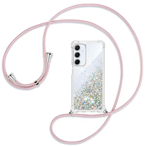 Ptny Handykette Hülle kompatibel mit Samsung Galaxy A55 5G Hülle mit Band zum Umhängen, Glitter Handyhülle Flüssig Treibsand, Handyhülle Stoßfest Silikon Transparent Hülle mit Kette für Galaxy A55 5G