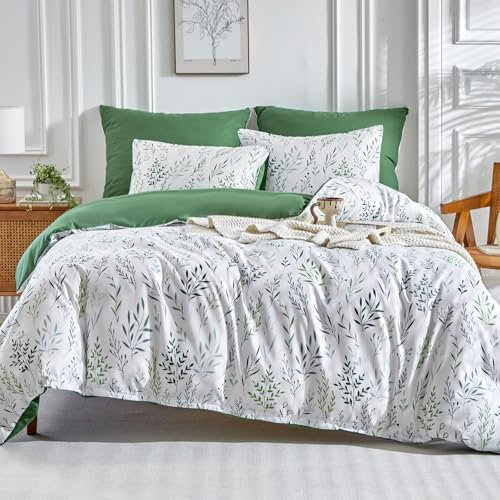 Tokokimo White King Size Duvet Cover Sets - Green Little Leaves Pattern Bedding Sets 3 pieces, Soft Microfiber King Duvet Cover with Pillowcases for Bed, Plants Duvet Cover 230x220 cm, White/Plant