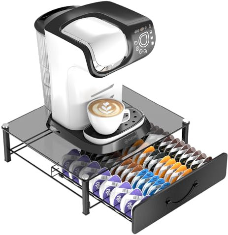 HFHOME Support pour 64 capsules Tassimo, tiroir de rangement en verre gris foncé, support pour machine à café Tassimo, organisateur de station de café résistant aux chocs