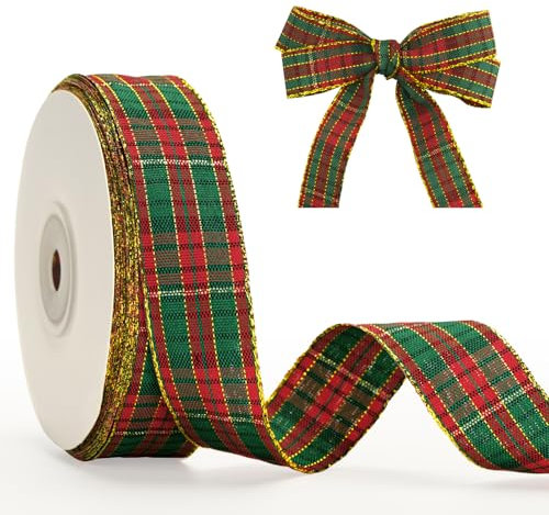 G2PLUS Rot und Grün Geschenkband 25mm, Schmal Weihnachten Karoband mit Goldkante, 22m Plaid Weihnachten Bänder für Geschenke, Dekoband zum Weihnachtskränze, Weihnachtsbaum Deko