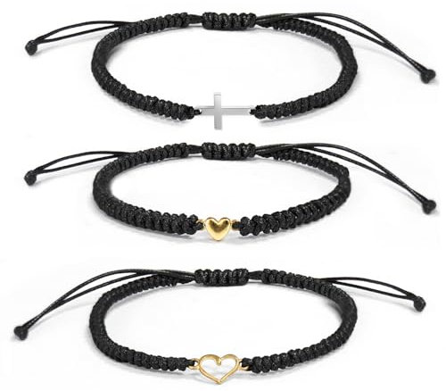 APMGONT Heart Rope Bracelets Couple Bracelets, 3pcs Braided String Bracelet, Matching Heart Cross Bracelets Set, Adjustable Woven Bracelet for Teen Girls Boy Couples Birthday Gifts (Black)