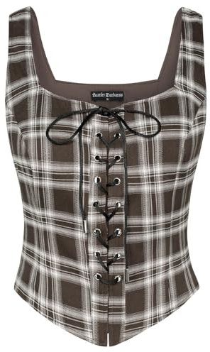 SCARLET DARKNESS Damen Mittelalter Weste Plaid Square Neck Lace-up Festlich Ärmellos Weste Dunkelbraun L