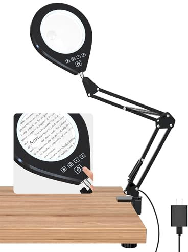 Lupe mit Licht, 5 Farbmodi stufenlos dimmbare Lupe mit Klemme, Schreibtisch Lupenlampe für Handwerk Hobby Lesen Malen Nähen Schließen Arbeit (weiß)