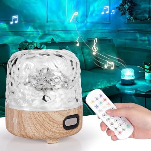OKYUK Star Night Light Projector with HiFi Bluetooth Speaker, Galaxy Projector with Water Ripple Effects, 16 Light Modes, Rechargeable Ceiling Lighting for Kids and Bedroom (Wood)