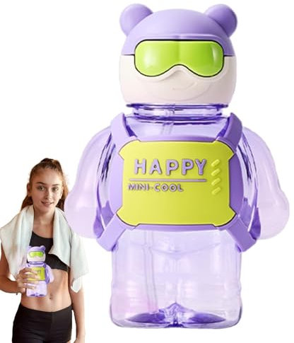 Botella de agua con forma de oso - Botellas de agua potable de 800 ml con botón de presión y pajilla | Linda botella de dibujos animados, botellas elegantes para camping, picnic, senderismo