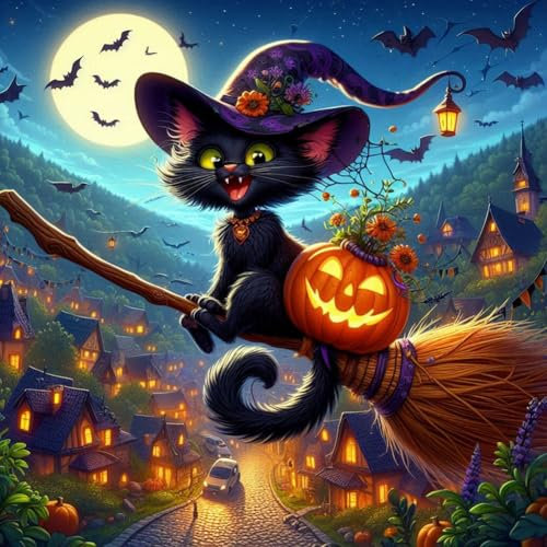 Generisch Halloween Katze Diamond Painting Erwachsene Anfänger, 5D Kürbis Diamant Painting Bilder, DIY Hexe Diamond Painting Totenkopf Diamant Malerei Set für Home Dekoration 40x40cm