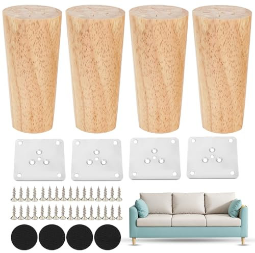 Coztie Möbelfüße Holz, 4 Stück Holz Tischbeine 10 cm Konisch Möbelbeine Ersatz, Möbelfüße Holz Tischbeine mit Montageplatten und Schrauben für Sofa Bett Schrank Stuhl Tisch Holzfarbe