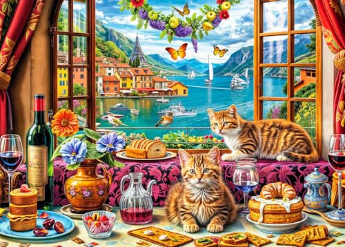 Puzzles 1000 Pieces for Adults Jigsaw Puzzles for adults 1000 Piece Puzzle Educational Games -Colorful Cats Beautiful Window View- Decoration Puzzle